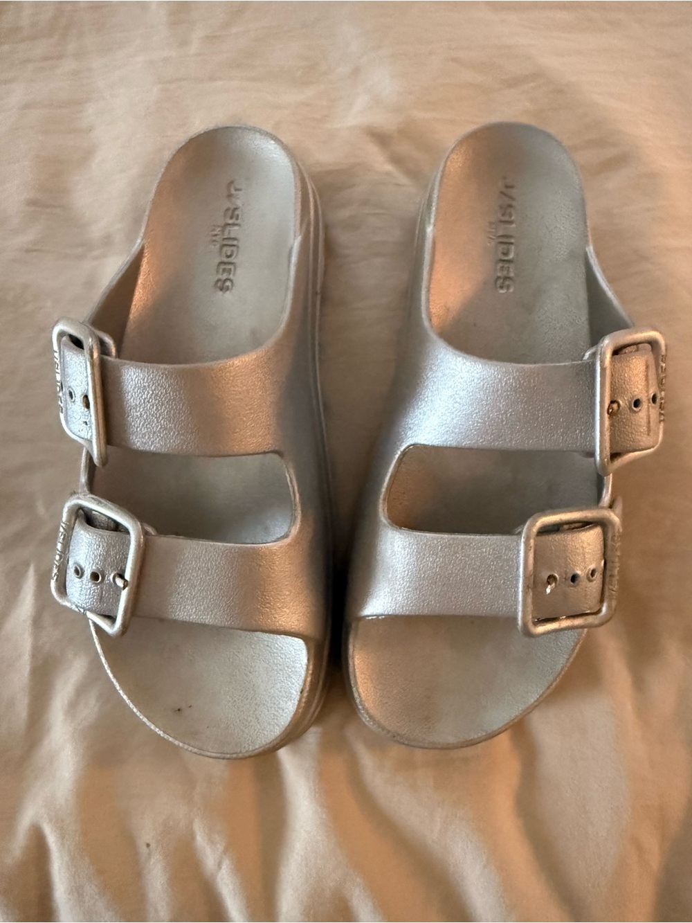 J Slides Metallic Silver Double-Buckle Slide Mules